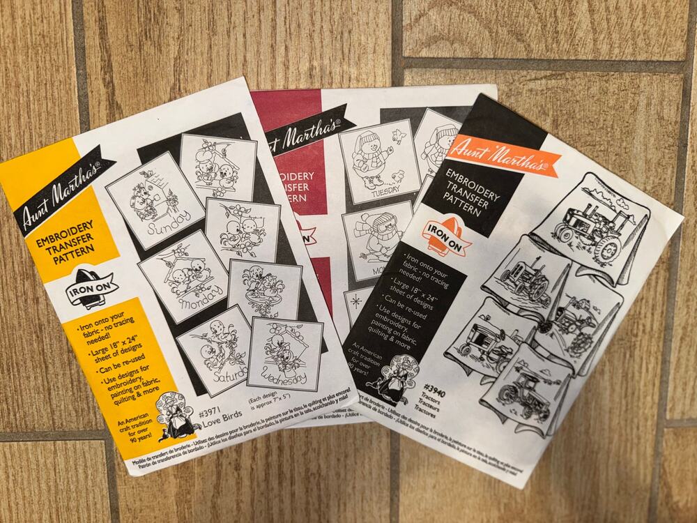 Aunt Martha's Embroidery Transfer Pattern (lot of 3 - Tractor; Snowmen; Birds)